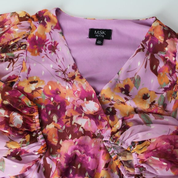 MSK Petite PM Smocked Sheer Lined Floral Balloon Sleeve Surplice top blouse New - Picture 4 of 12